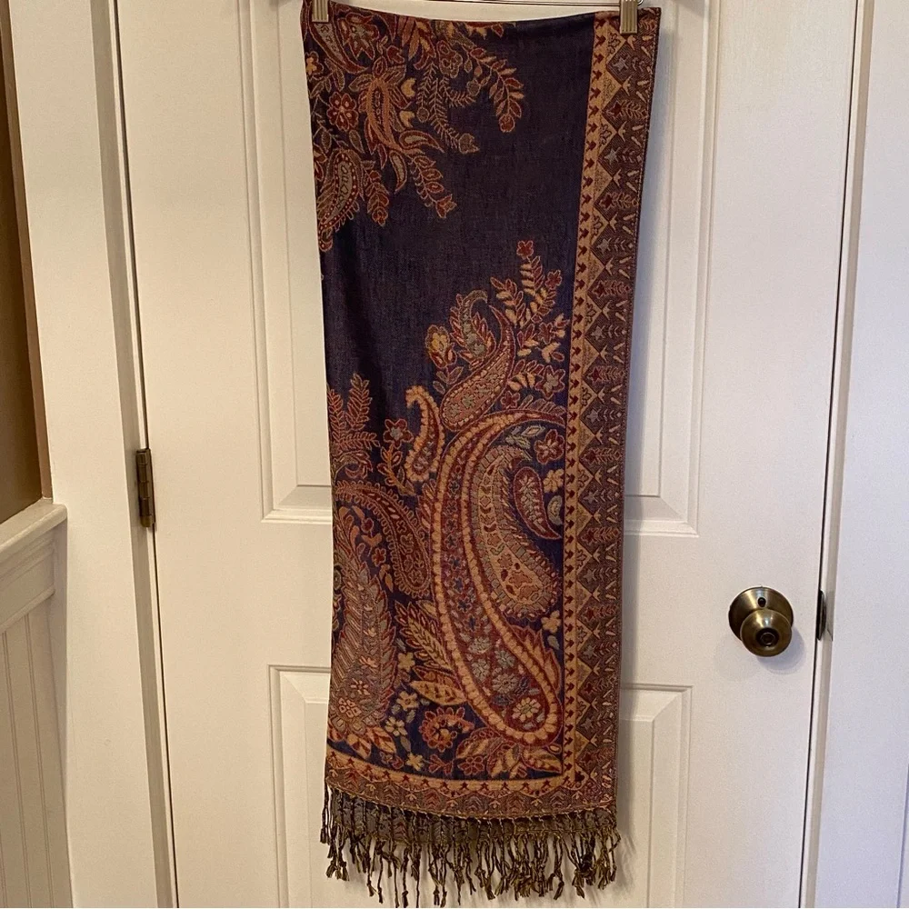 WAVERLY CELEBRATIONS SCARF WRAP PASHMINA BLUE TAN RED FLORAL PAISLEY LARGE